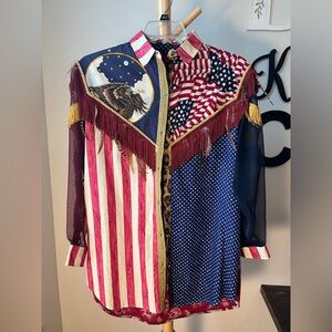 Vintage J Wilde Women’s Button Up Top USA Eagle Fringe Feathers Western Sz Large